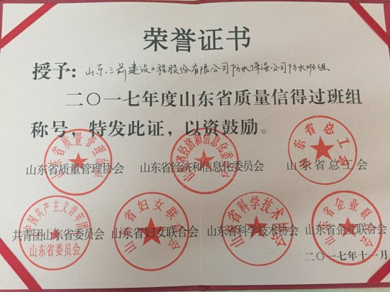 三箭集團(tuán)防水公司喜獲2017年度山東省質(zhì)量信得過班組稱號